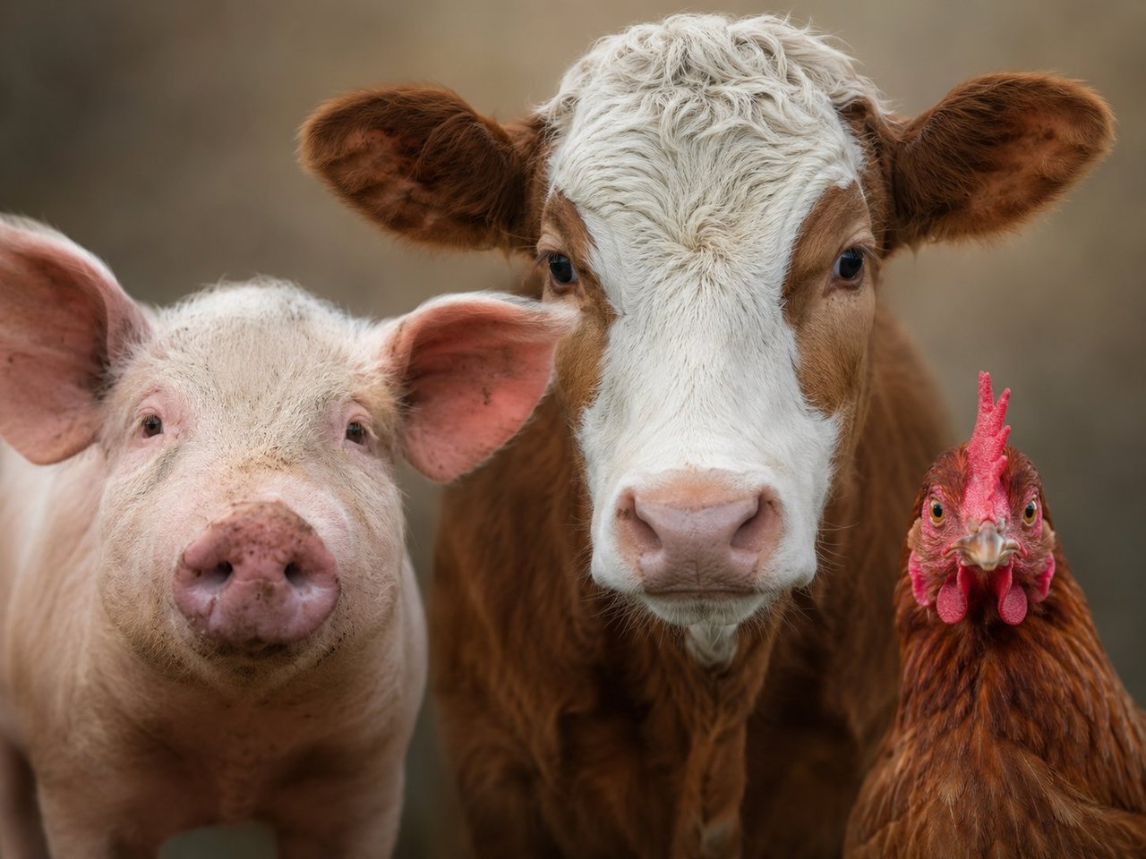 Schwein, Kuh und Huhn schauen direkt in die Kamera – drei Tiere, deren Leben in der Massentierhaltung beginnt und endet