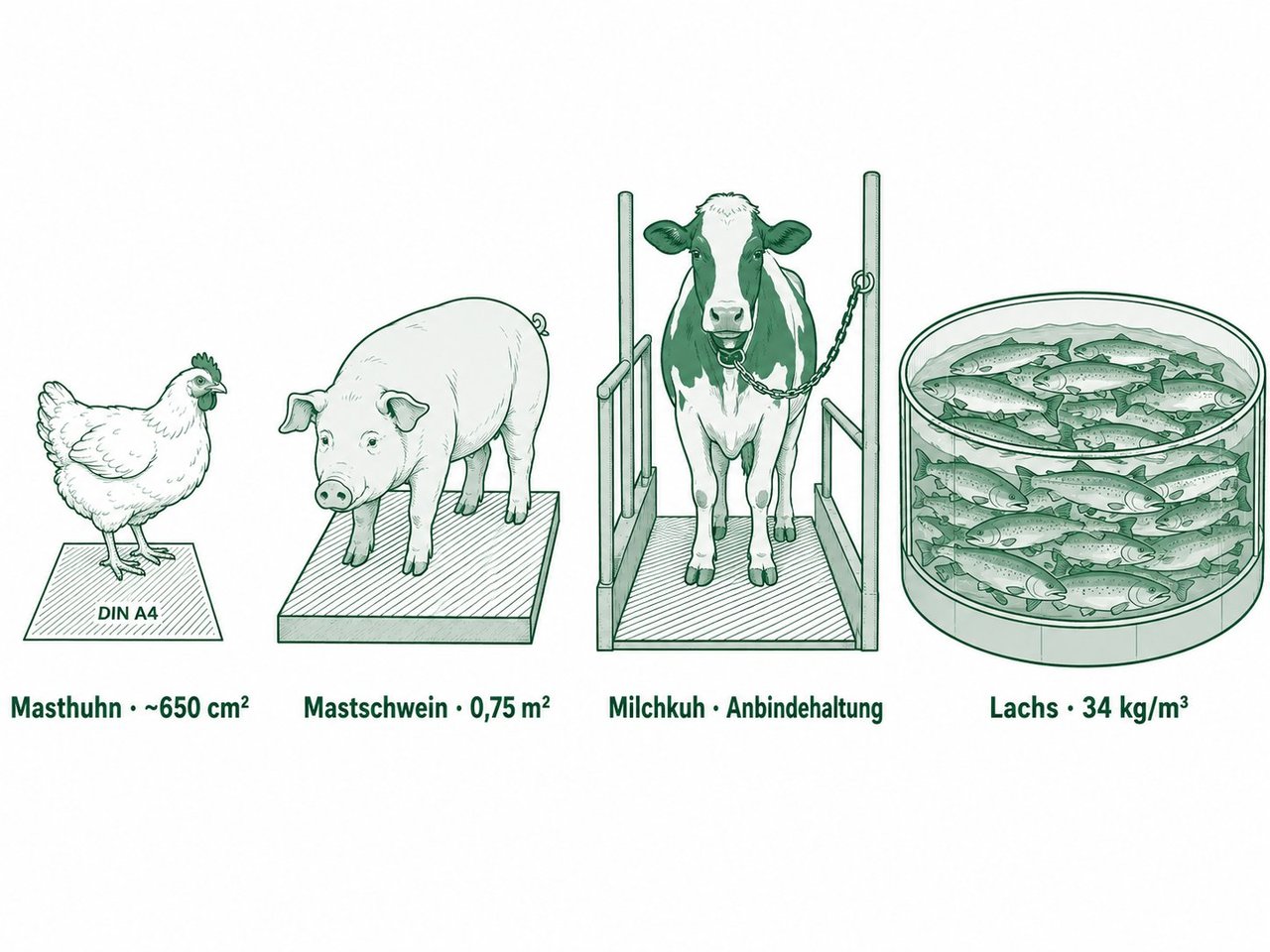 Infografik: Huhn steht auf einem DIN-A4-Blatt (750 cm²), Schwein auf 0,75 m² – gesetzliche Mindestflächen in der Massentierhaltung