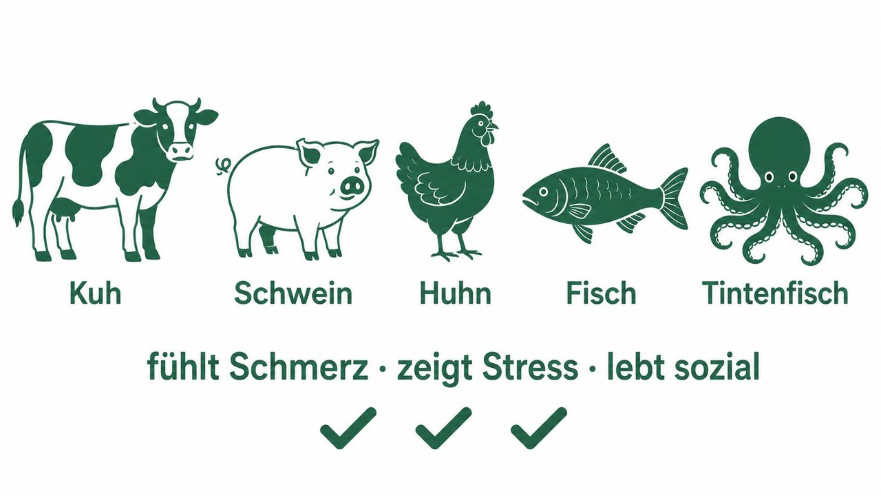 Infografik: Kuh, Schwein, Huhn, Fisch und Tintenfisch – alle fühlen Schmerz, zeigen Stress und leben sozial