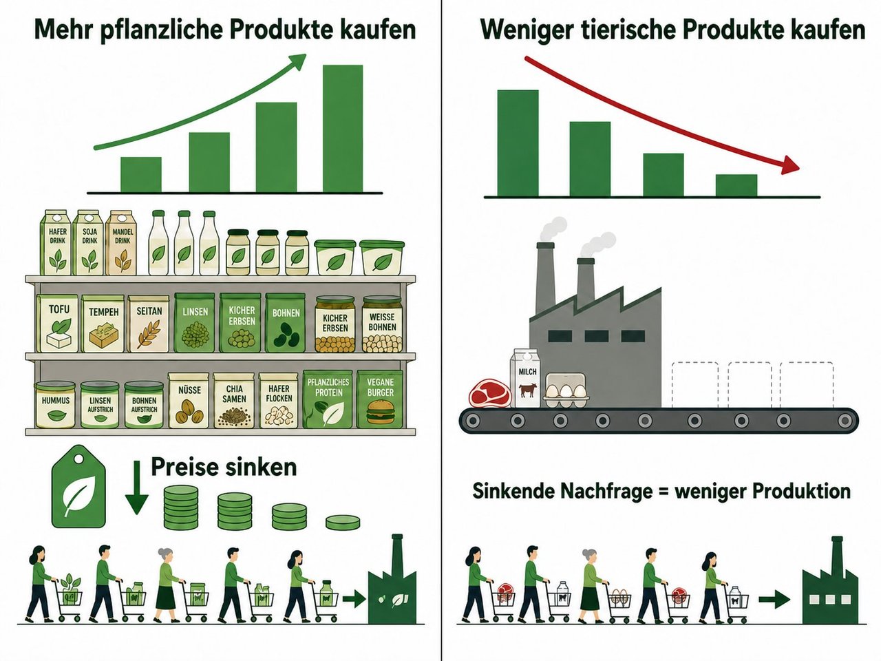 Infografik Angebot und Nachfrage: Links – mehr pflanzliche Produkte kaufen führt zu steigender Nachfrage, mehr Verfügbarkeit und sinkenden Preisen. Rechts – weniger tierische Produkte kaufen führt zu sinkender Produktion. Beide Seiten zeigen: individuelle Kaufentscheidungen skalieren zur Fabrik.