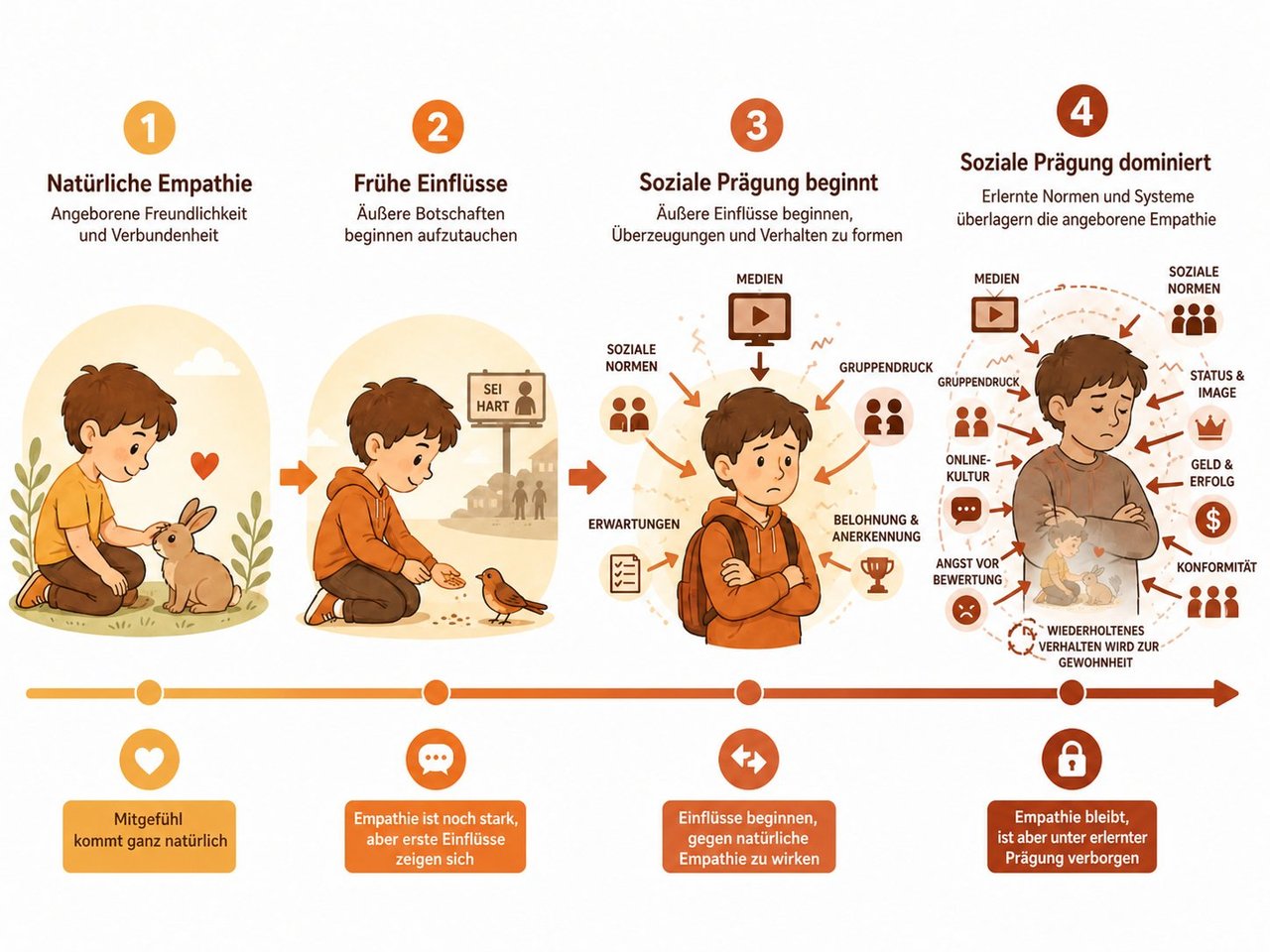 Infografik in vier Schritten: Natürliche Empathie im Kleinkindalter, frühe äußere Einflüsse, beginnende soziale Prägung, bis soziale Normen die angeborene Empathie überlagern