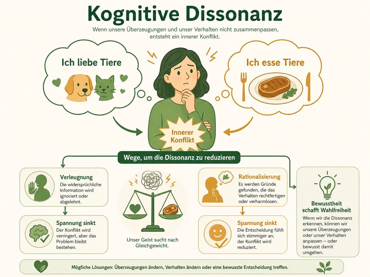Infografik Kognitive Dissonanz: Frau zwischen zwei Gedankenblasen – 'Ich liebe Tiere' und 'Ich esse Tiere' – führt zu innerem Konflikt, der durch Verleugnung oder Rationalisierung reduziert wird. Bewusstheit schafft Wahlfreiheit.