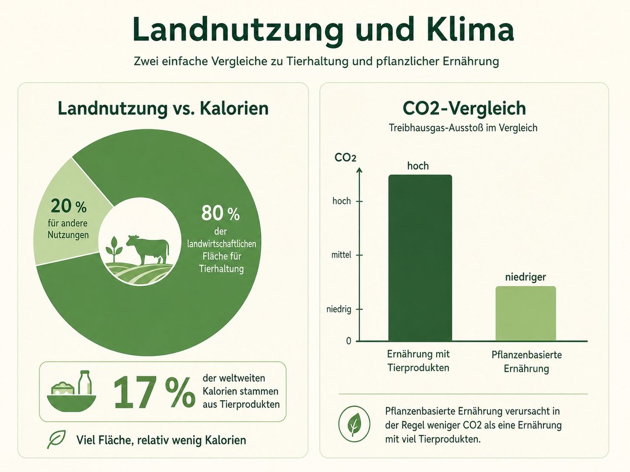 Infografik Landnutzung und Klima: Kreisdiagramm zeigt 80% der landwirtschaftlichen Fläche wird für Tierhaltung genutzt, liefert aber nur 17% der weltweiten Kalorien. Balkendiagramm CO2-Vergleich: Ernährung mit Tierprodukten hoch, pflanzenbasierte Ernährung niedriger.