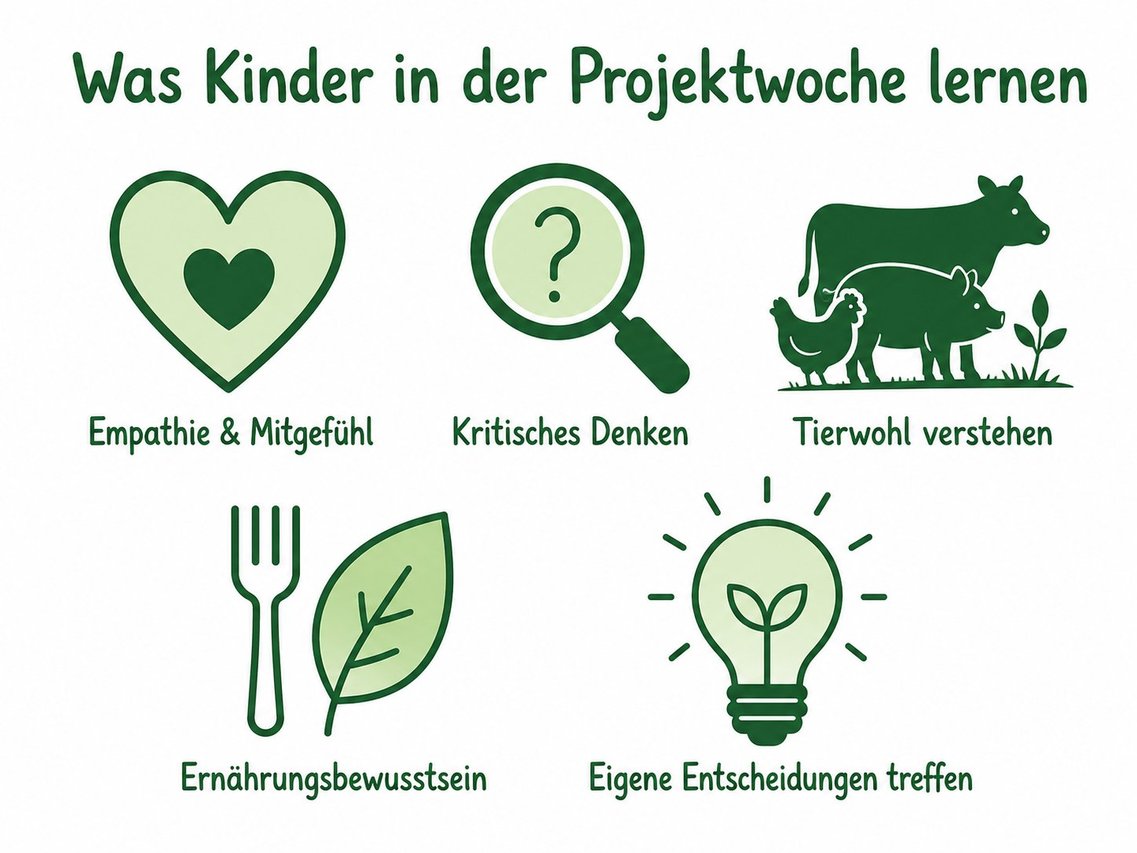 Infografik: Was Kinder in der Projektwoche lernen – Empathie, kritisches Denken, Tierwohl, Ernährungsbewusstsein, eigene Entscheidungen