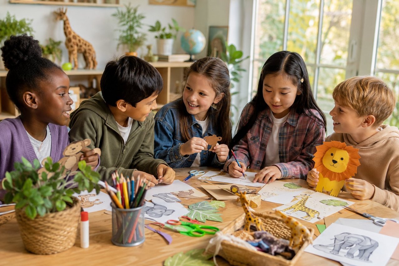 Gruppe Grundschulkinder bastelt gemeinsam Tierfiguren an einem Projekttisch