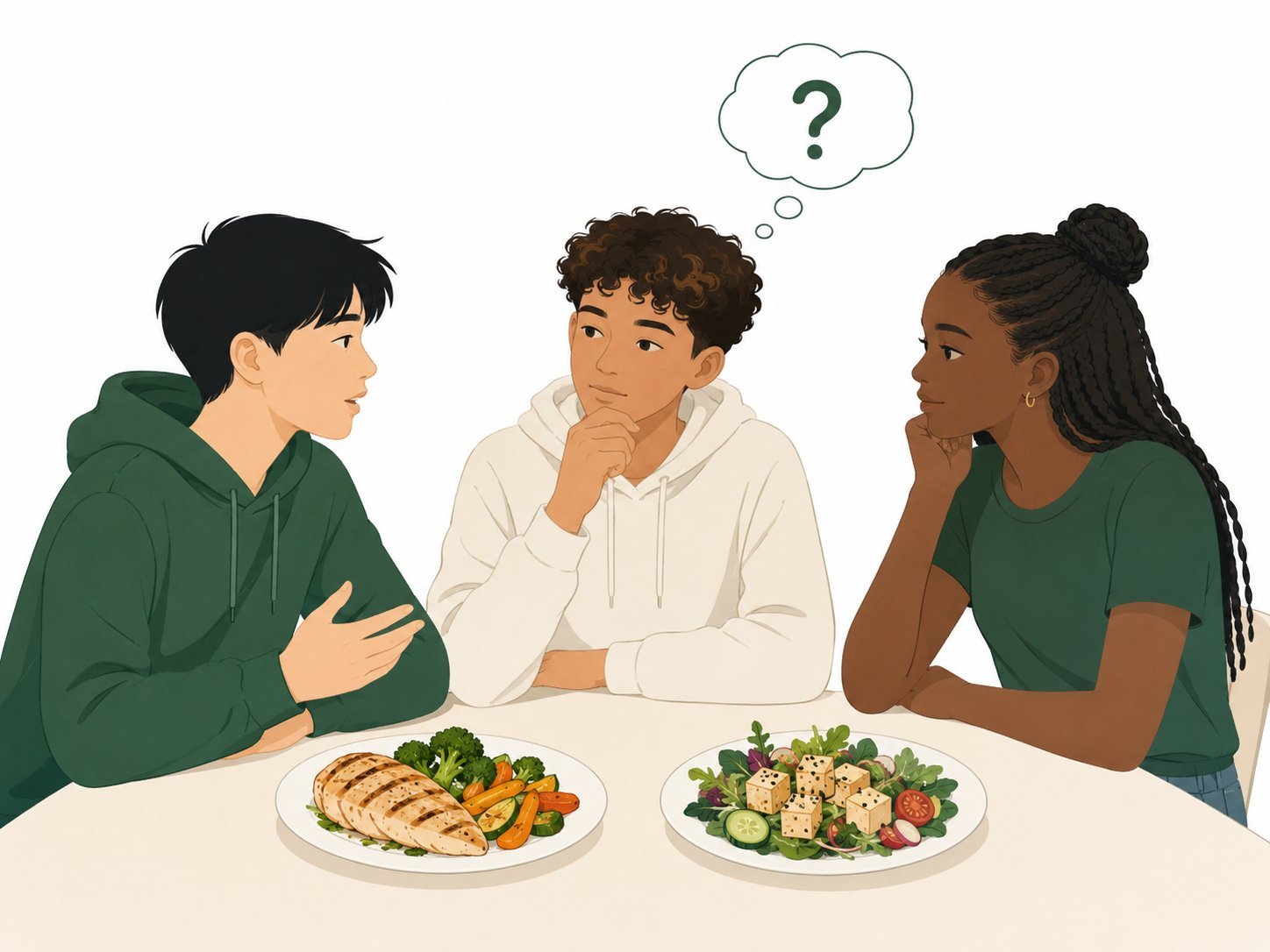 Drei Jugendliche sitzen zusammen am Tisch und diskutieren – vor ihnen zwei Teller, einer mit Fleisch und Gemüse, einer mit Tofu und Gemüse